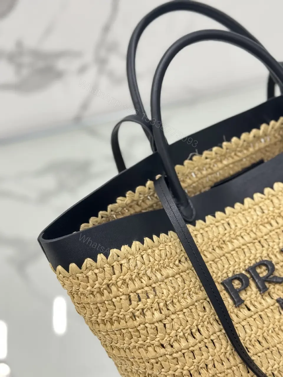 View 6 of Nautical Raffia Tote with Black Leather Trim: Everyday Luxury
