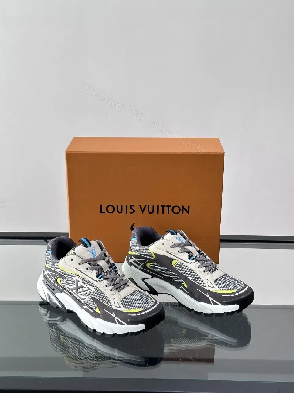 View 6 of Gray/Black Mesh Leather Sneaker with LV Accents, Sporty Chunky Style