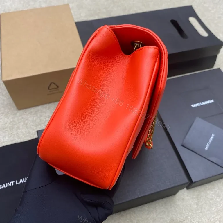View 7 of Red Quilted Leather Crossbody with Gold YSL Logo