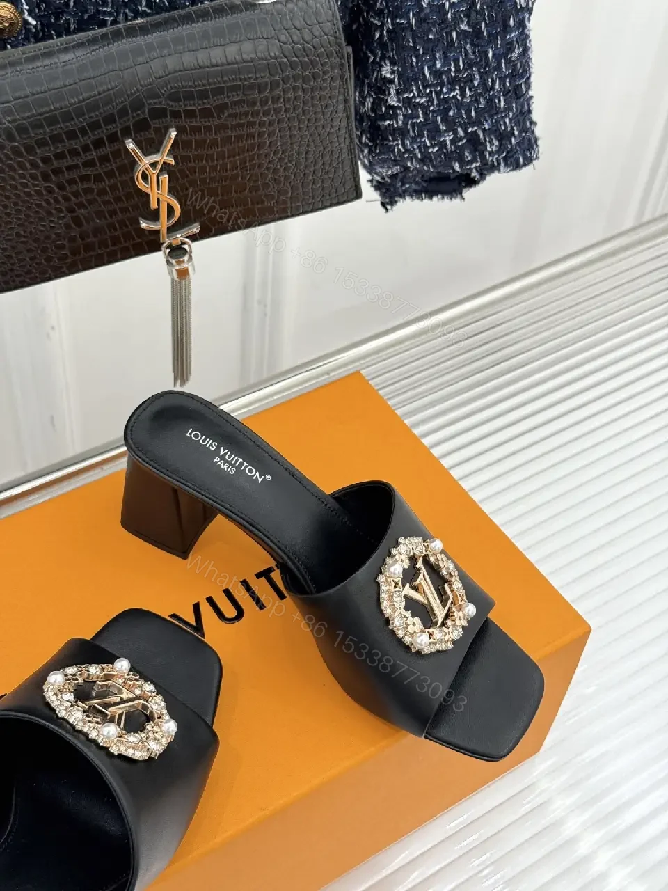 View 5 of Black Leather Slingback Slides — Crystal Emblem, 2" Block Heel