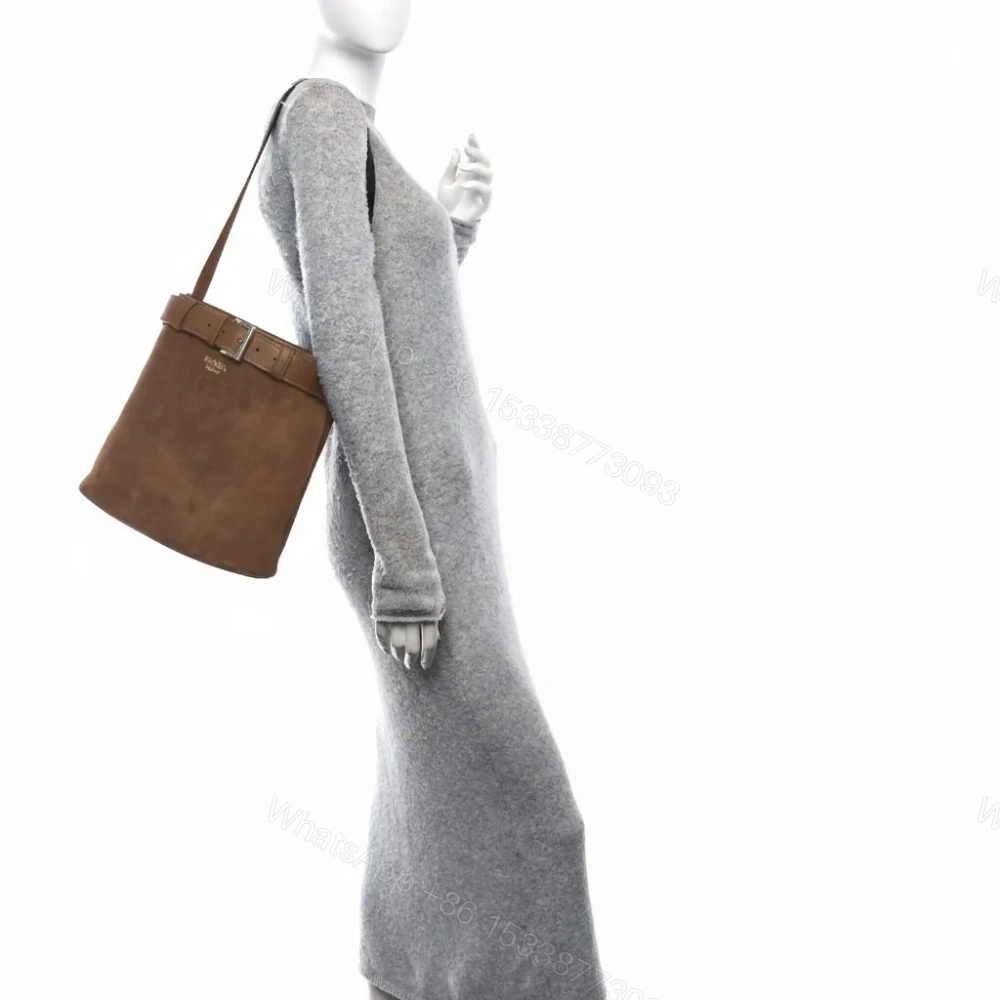 View 10 of Prada Suede Buckle Bucket Bag With Belt Brown 28Cm
