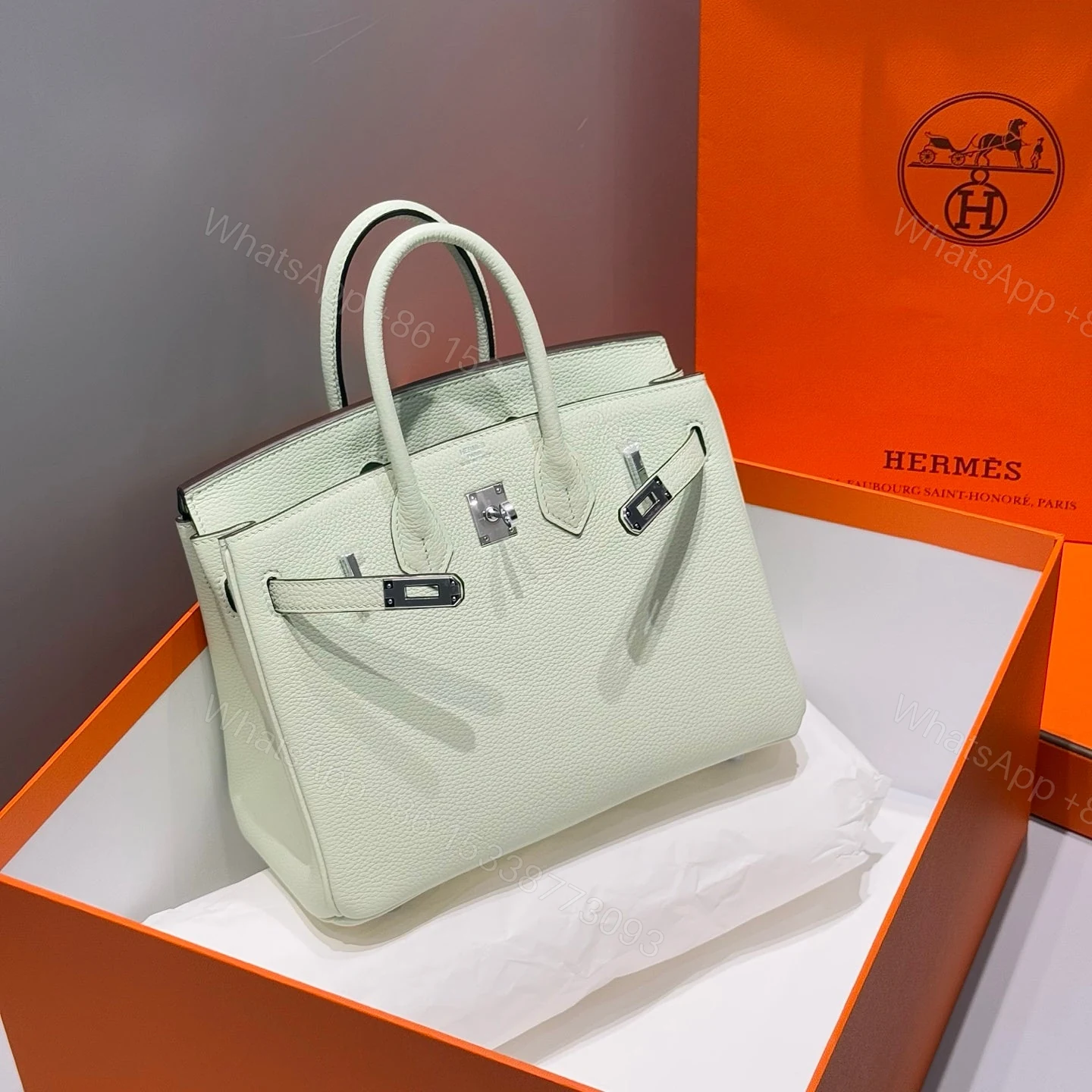View 2 of HERMES BIRKIN 25 IN LIGHT MINT GREEN SILVER HARDWARE