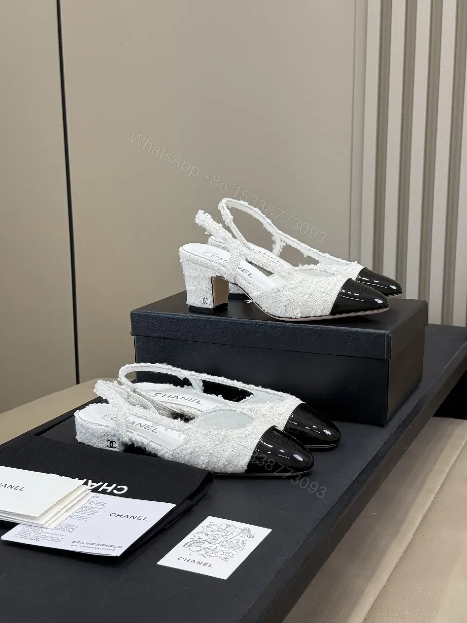 White Tweed Patent-Toe Slingback Pumps with Mid-Heel — view 1