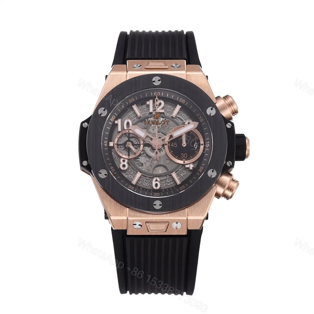 Hublot Big Bang Rose Gold Replica 44MM Premium Black Bezel Rubber Strap Edition RG-HUBLOT-BIGBANG-RG-44 — view 1