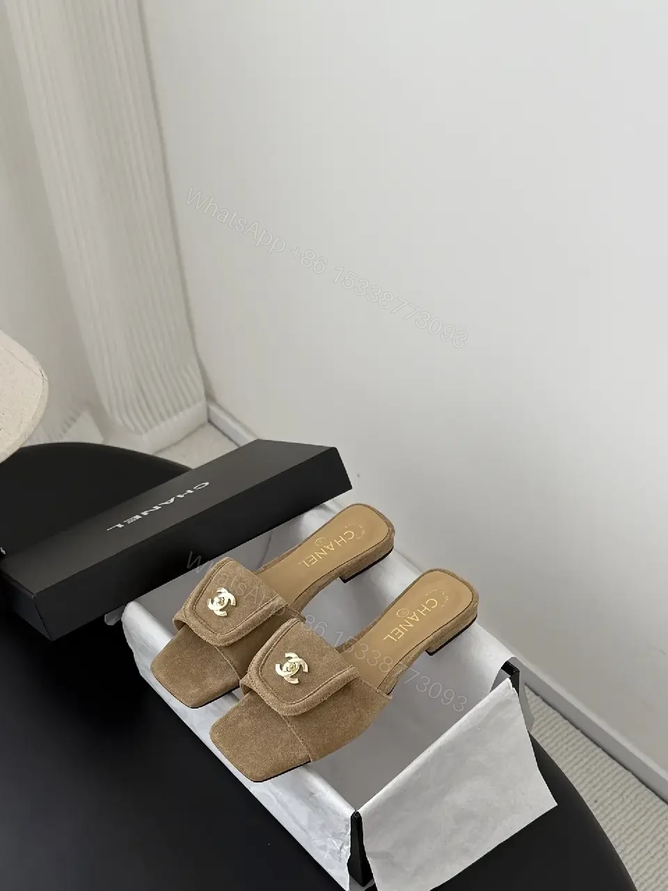 View 4 of Suede Mules with Gold Logo - Chic Luxury, Open-Back Style