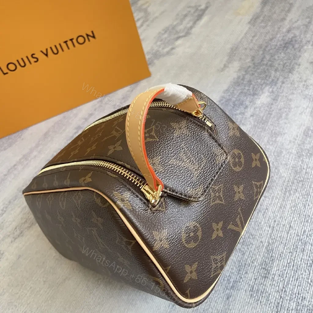 View 8 of Brown Leather-Toned LV Monogram Cosmetic Pouch with Gold Zipper