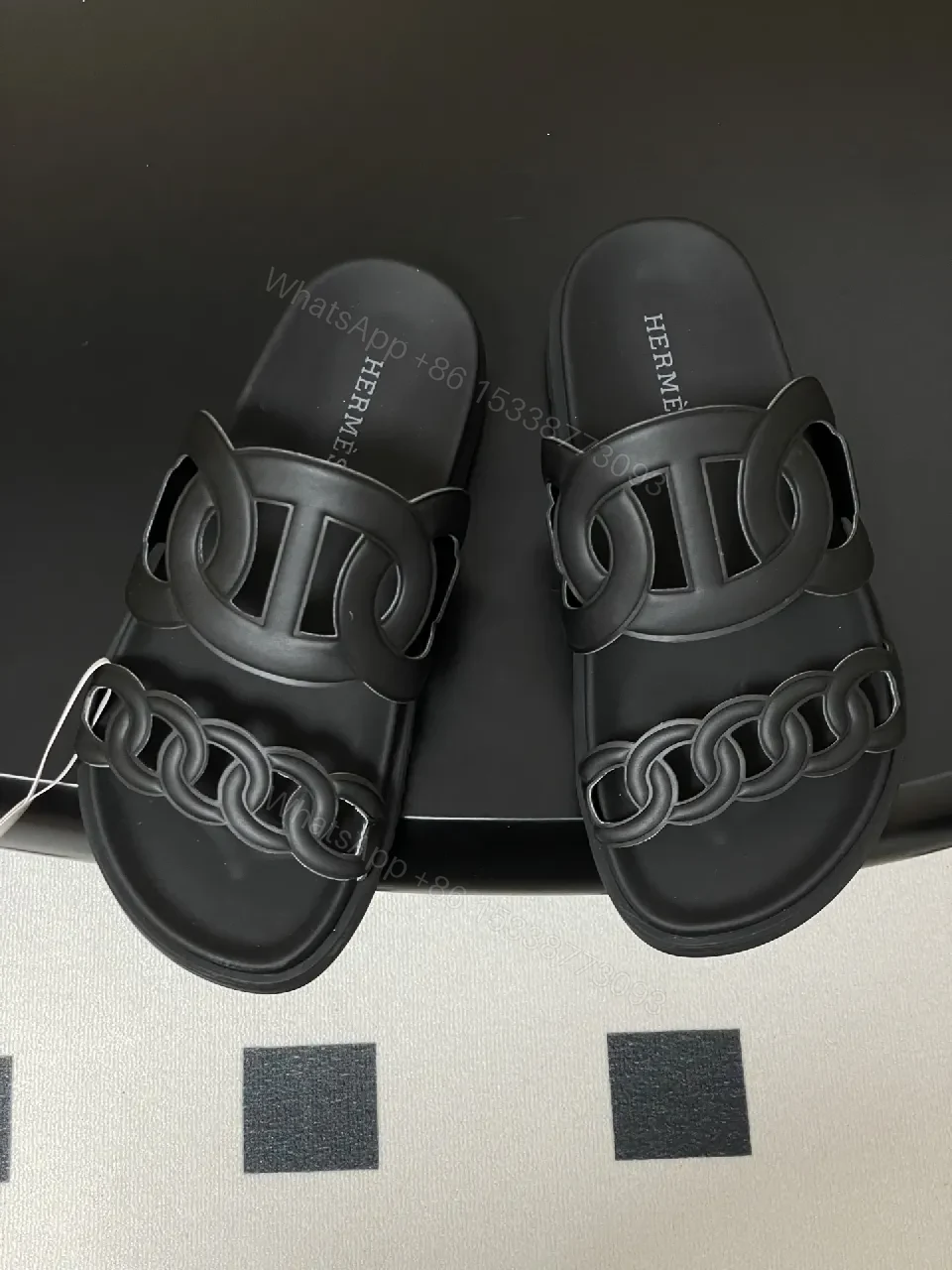 View 4 of Black Leather Double-Chain Slide Sandals: Modern Luxury