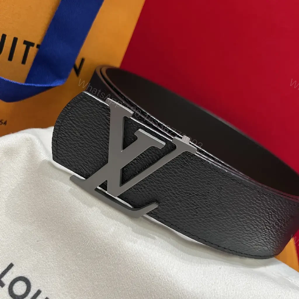 View 10 of Black Leather Belt Sleek Modern Pebbled Texture LV Buckle Belt