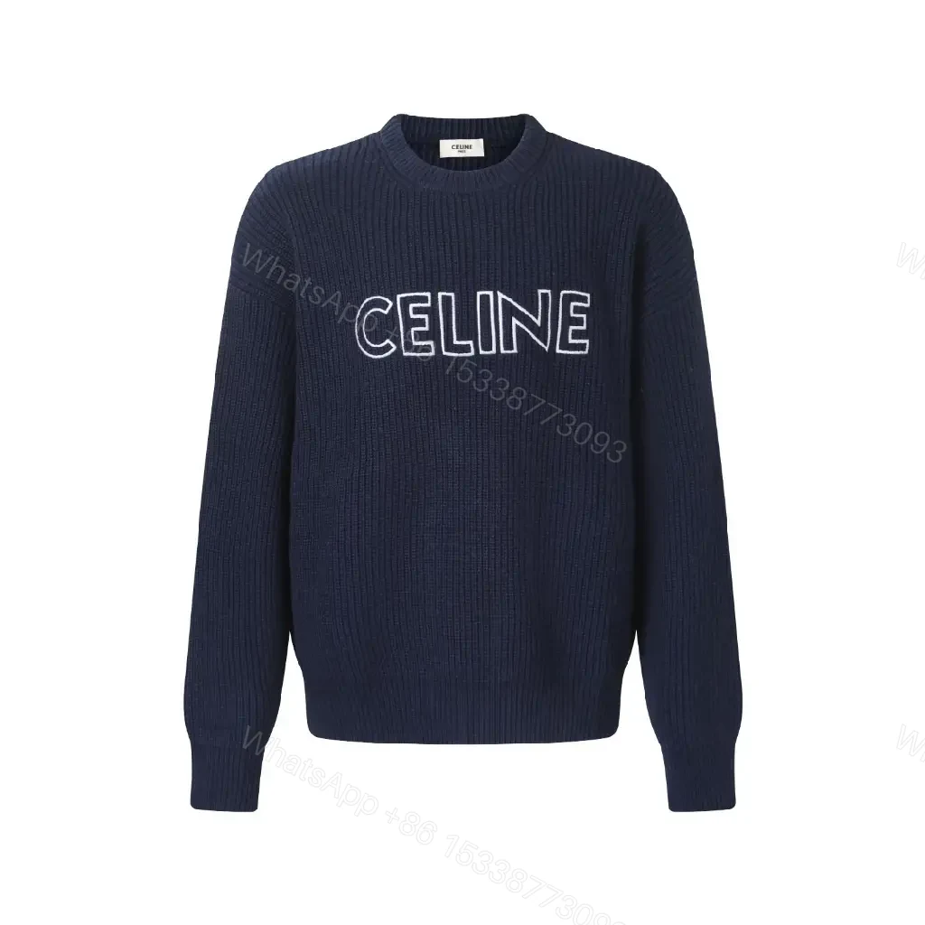 View 8 of Navy Knit Crew with Bold CELINE Script - Luxe Everyday Comfort