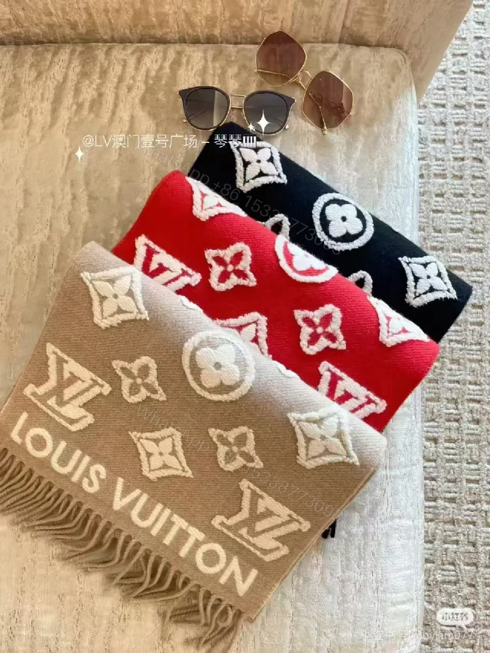 View 3 of Bold Red Monogram Silk-Blend Scarf with Luxe Fringe Accent