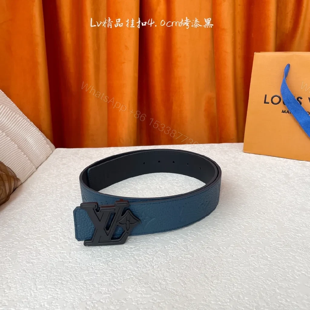 View 6 of Blue Leather Belt with Iconic Hardware—Monogram Texture, Durable Comfort