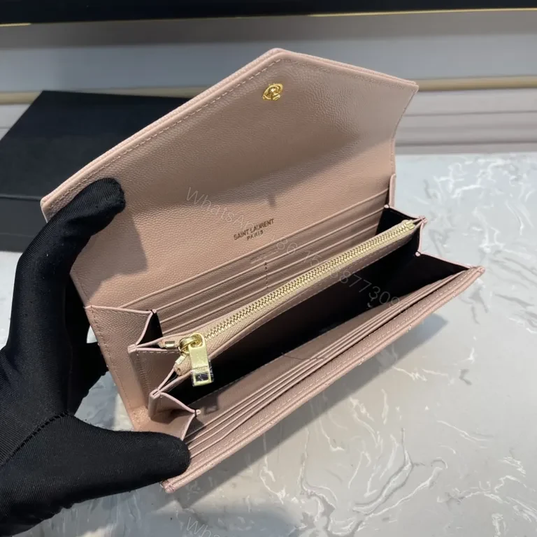 View 5 of Soft Pink Quilted Wallet with Gold YSL Logo | Compact Luxury Wallet