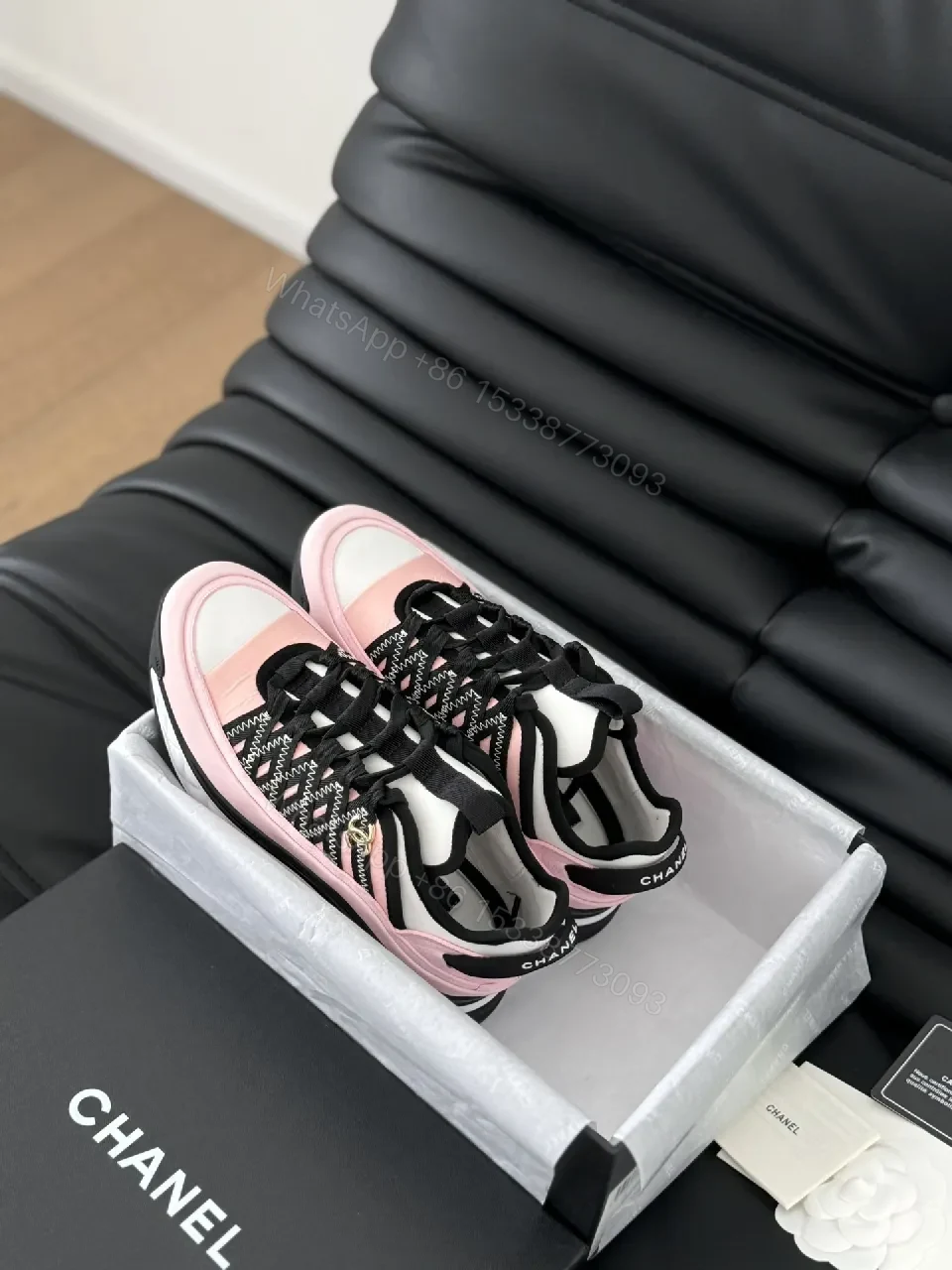 View 2 of Pink & Black Patterned Low-Top Sneakers with Luxe Details