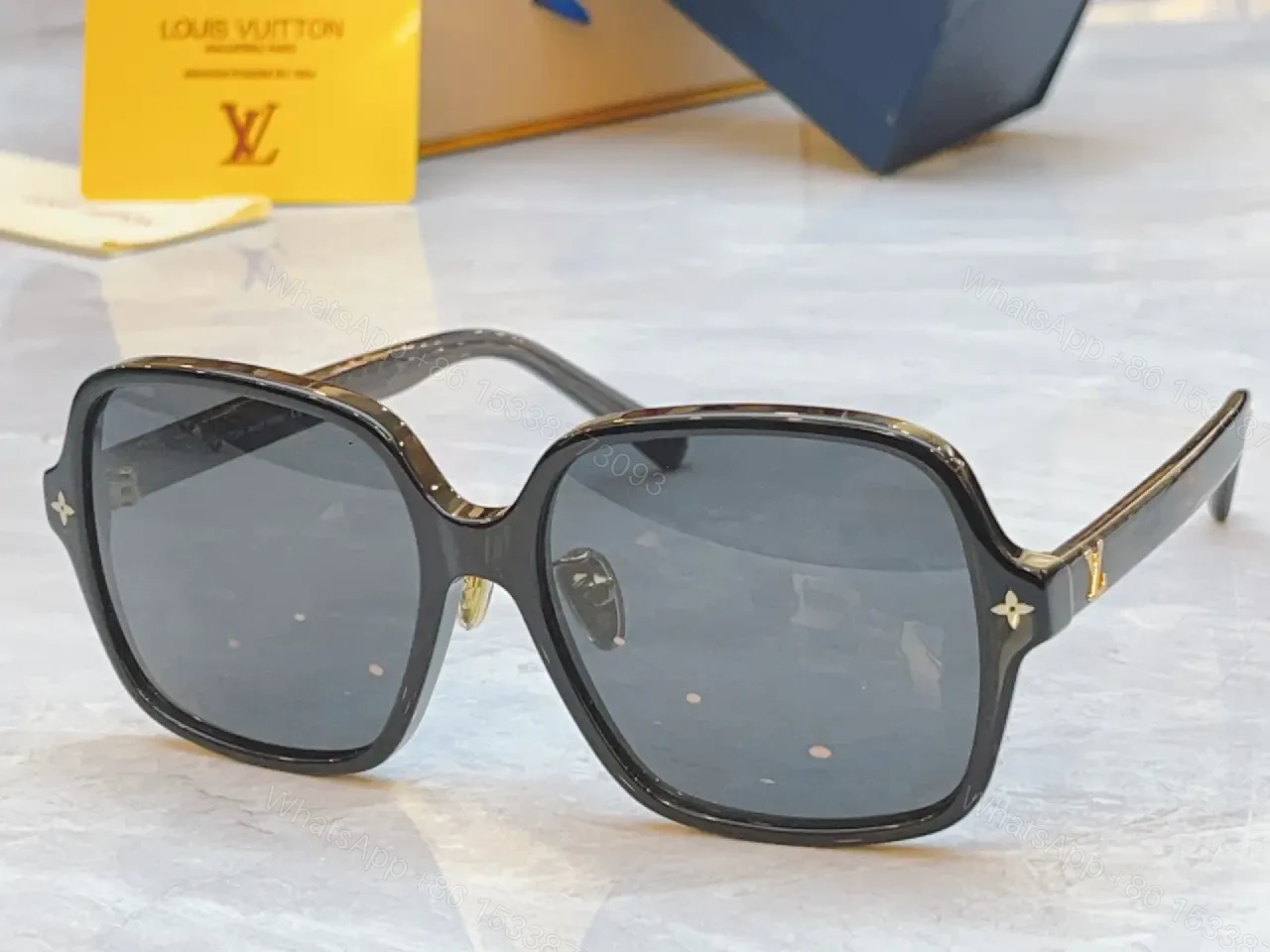 View 7 of Gray Glossy Square Sunglasses Gradient Lenses, Metal Accents, Luxury Style, Louis Vuitton Temples (No Brand Details)