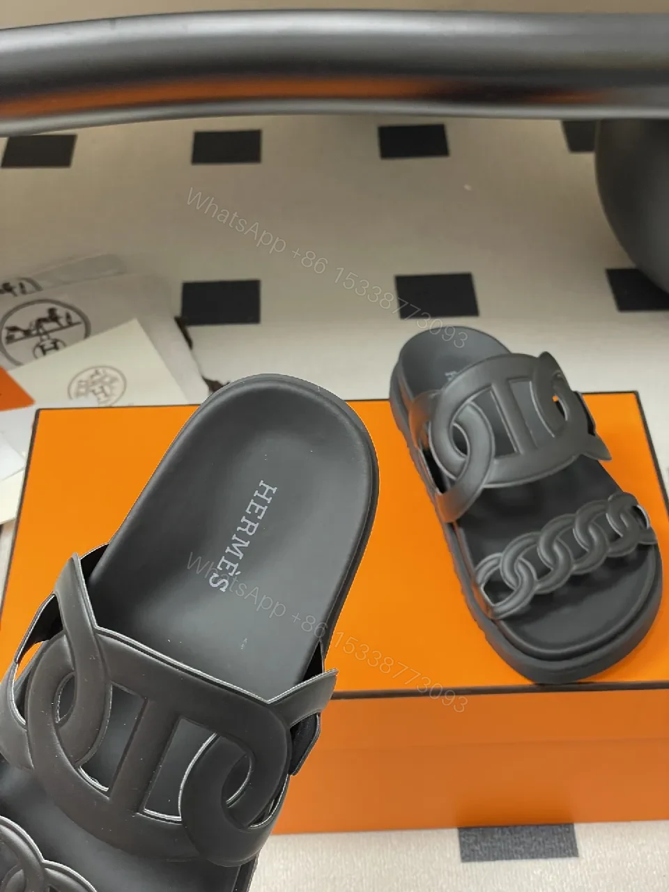 View 6 of Black Leather Double-Chain Slide Sandals: Modern Luxury