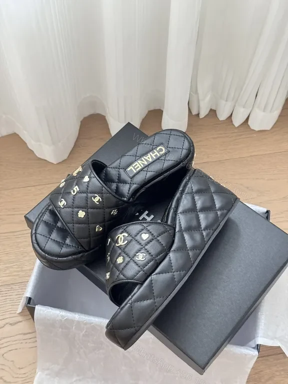View 4 of Chanel-Inspired Quilted Slide Sandals with Gold Accents