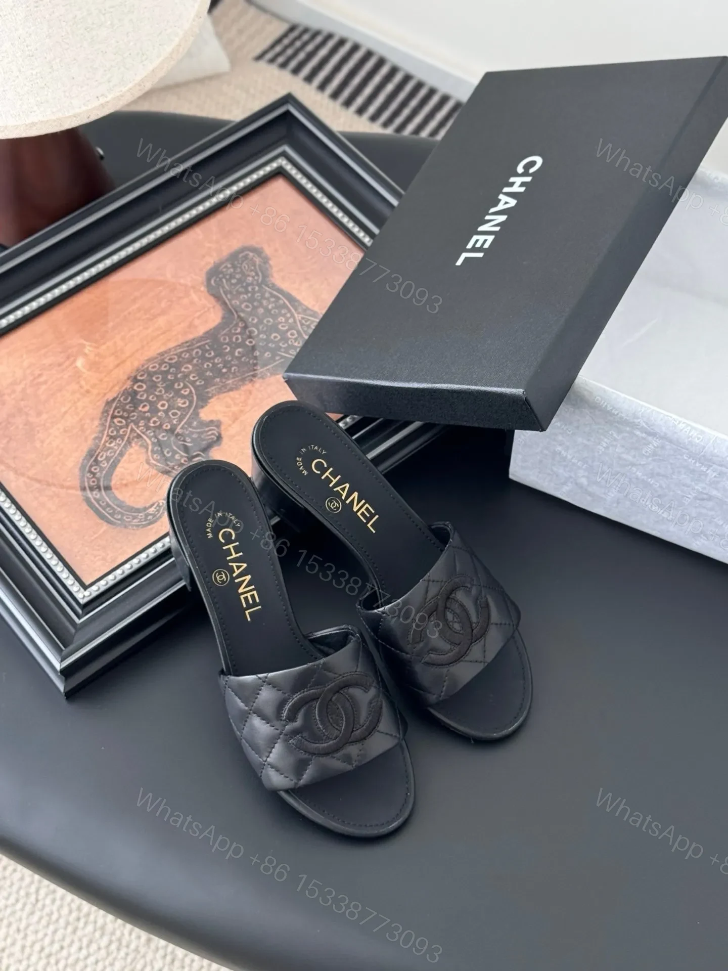 View 6 of Chanel Women Black Quilted Leather Slides