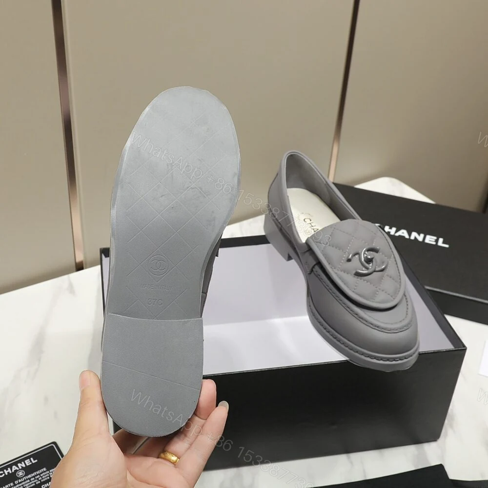 View 2 of Chanel CC Nib Turnlock Moccasins Flat Loafers Grey