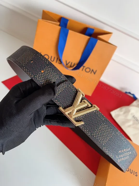 View 2 of Chic Damier-Texture Belt with LV Buckle, Luxury Leather