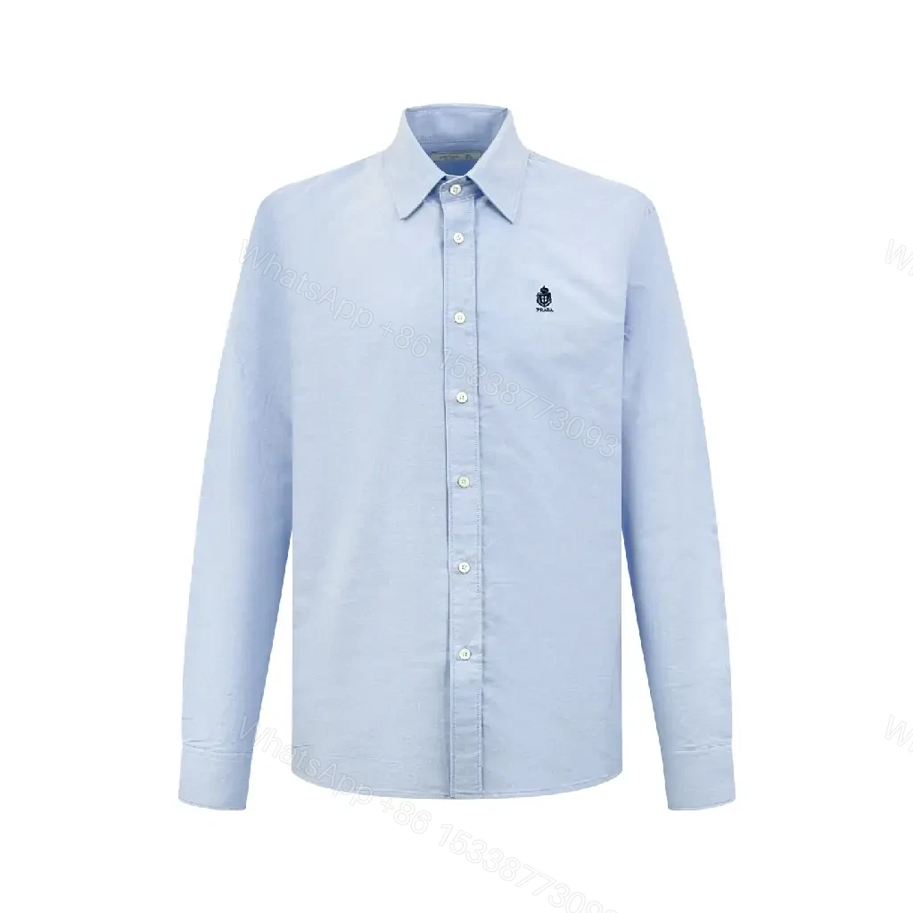 View 9 of Light Blue Cotton Button-Down Shirt, Classic Fit, PRADA Logo