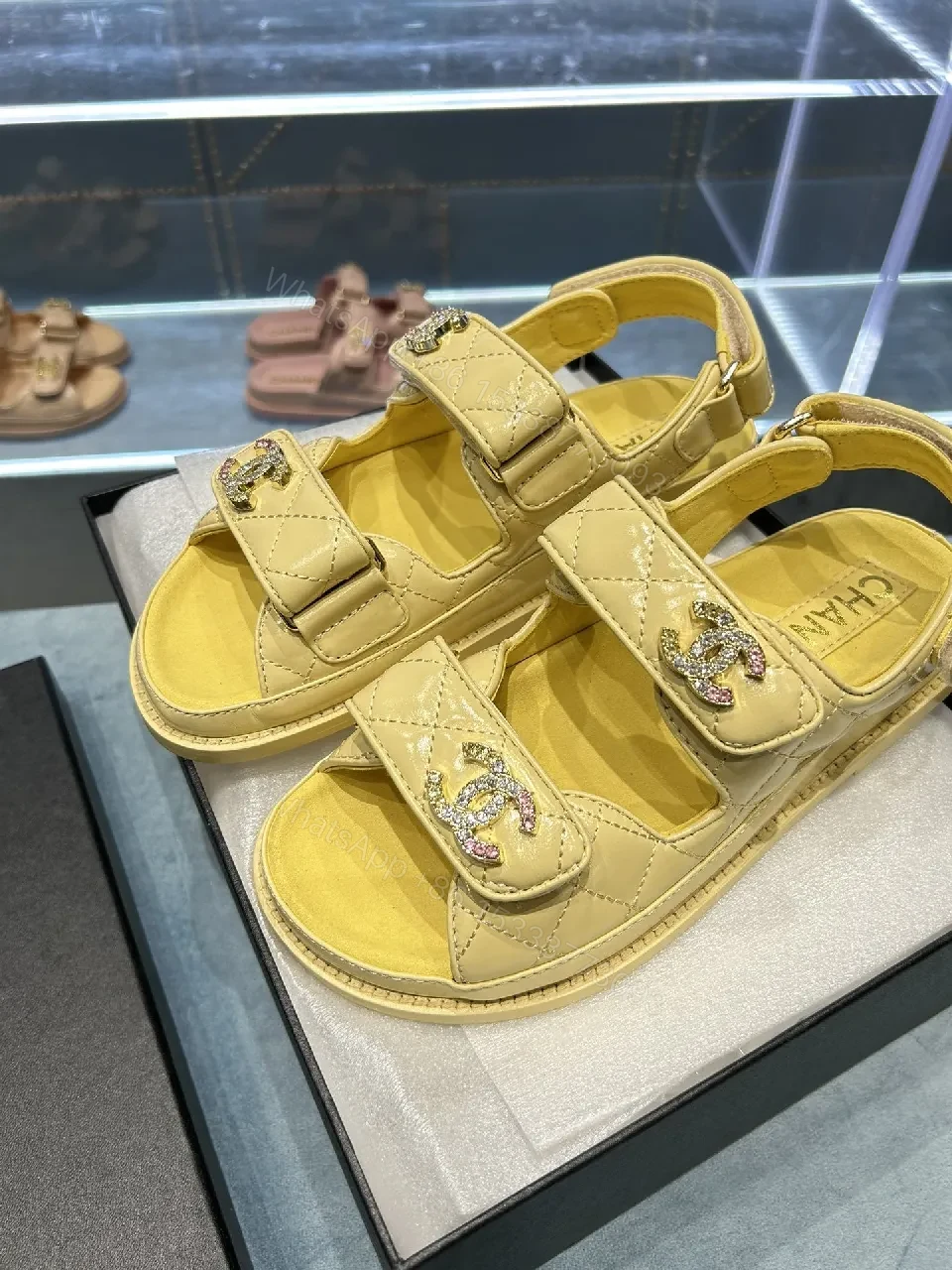 View 2 of Soft-Yellow Quilted Sandals with Logo Hardware - Luxury Comfort Sandals