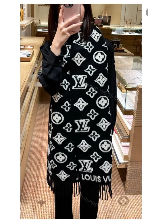View 6 of Lux Black Knit Scarf: LV-Inspired Monogram, White Stitch, Fringed