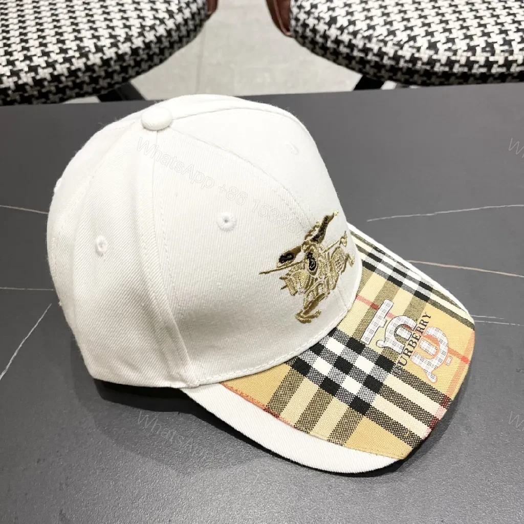 View 8 of White Plaid-Visor Sports Cap with Golden Motif Embroidery