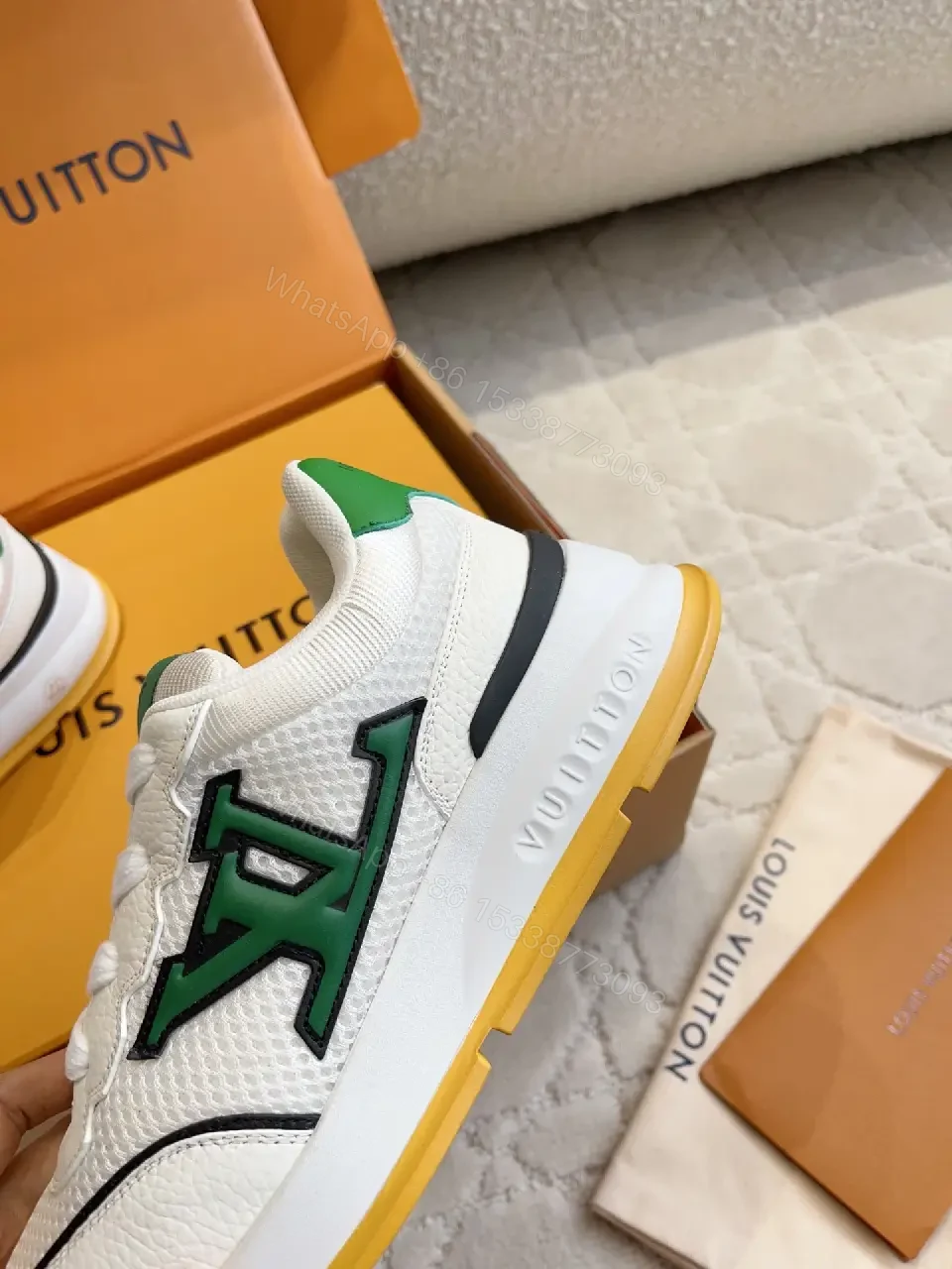View 9 of Green Logo Knit White Leather Sneakers Lightweight Comfort Louis Vuitton Shoes
