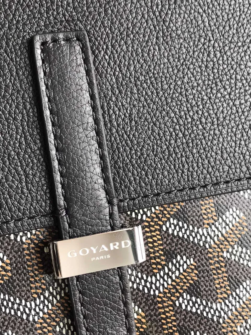 View 4 of Structured Black Leather & Patterned Panel Crossbody Bag