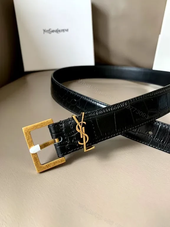View 2 of Crocodile-Texture Belt with Signature Gold YSL Buckle