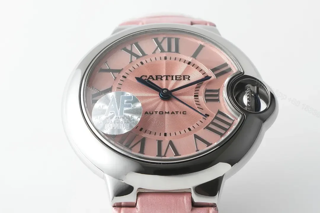 View 2 of F1 Factory Cartier 33mm Blue Balloon Watch with Pink Dial and Leather Strap