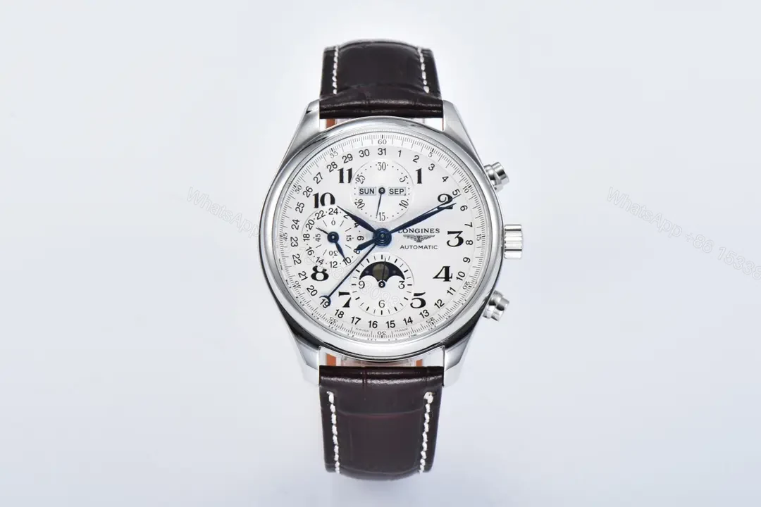 Longines Master Collection Moonphase Chronograph Watch Silver Dial Blue Hands Brown Leather Strap 42mm Case — view 1