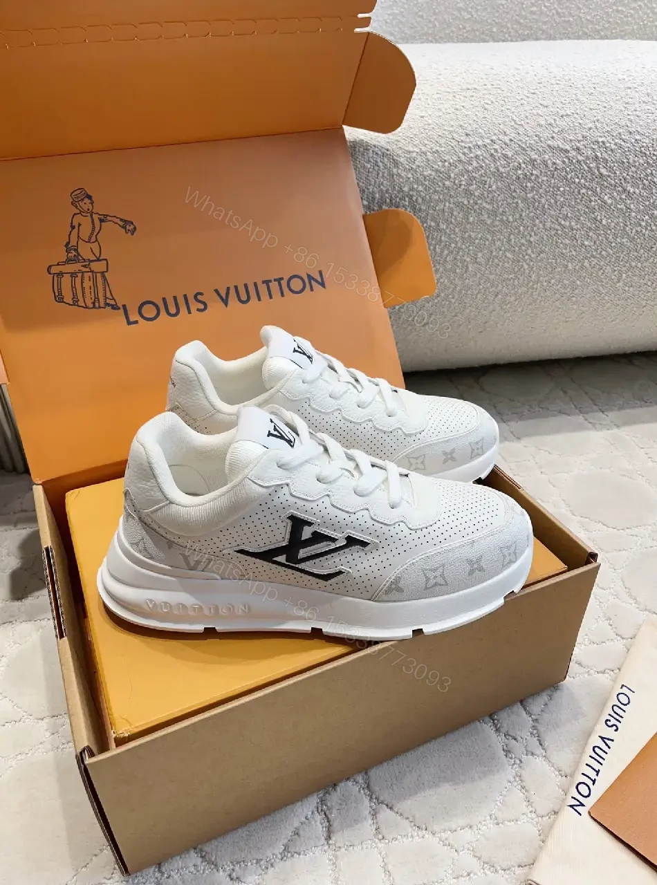 View 2 of White Leather Runner Sneakers Perforated Mesh Modern LV Logo Accent Shoes