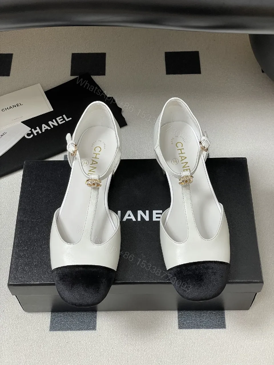 View 6 of White Leather Mary Jane Heels with Black Cap Toe and Pearl Buckle