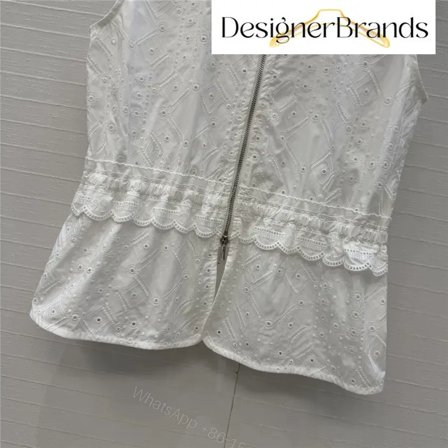 View 6 of Hermes White Lace-Embroidered Sleeveless Zip-Up Top