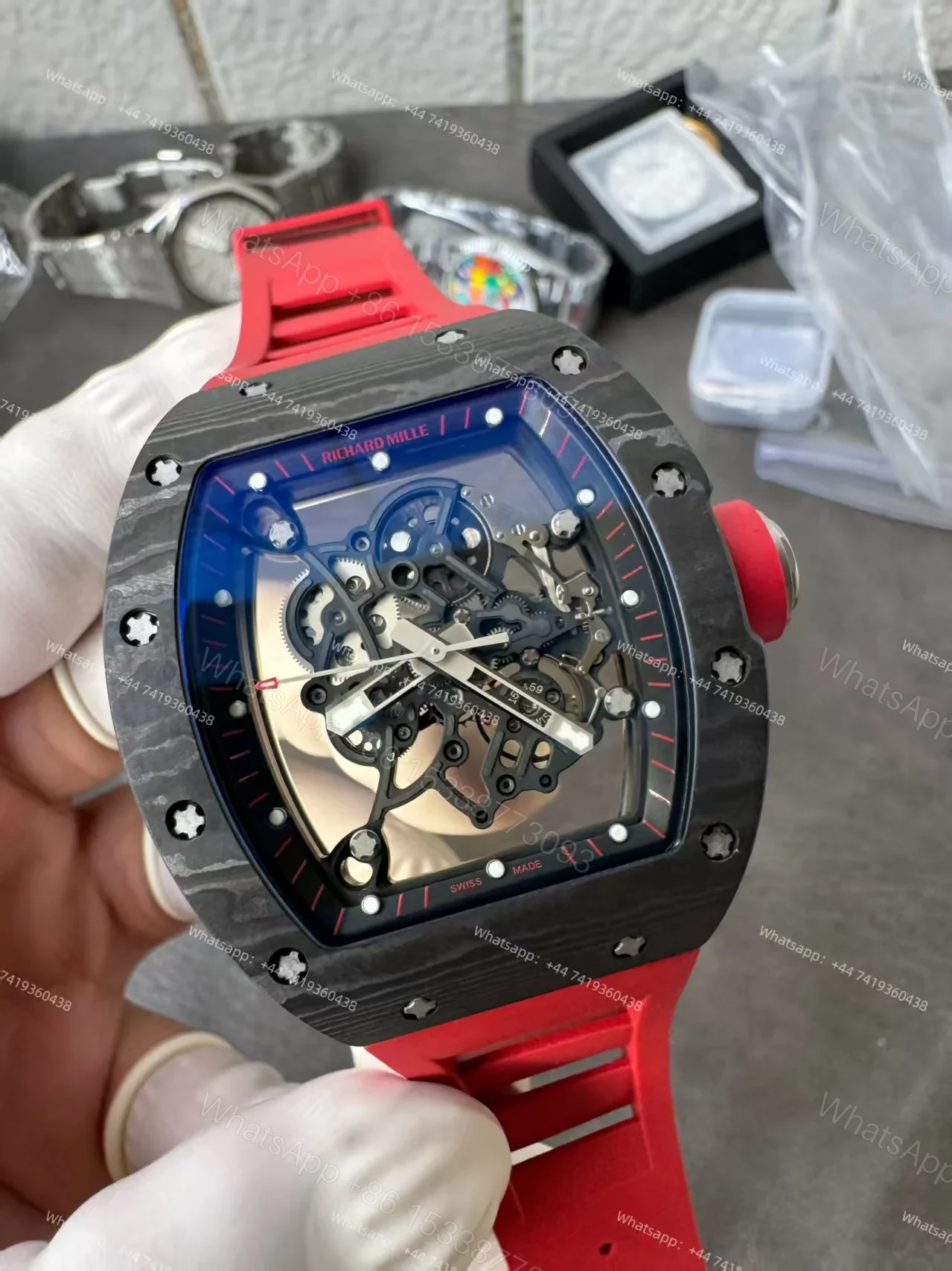 View 4 of Richard Mille RM 055 Carbon TPT Skeleton Vaucher Free-Sprung Movement Red Rubber Strap Custom Super Clone