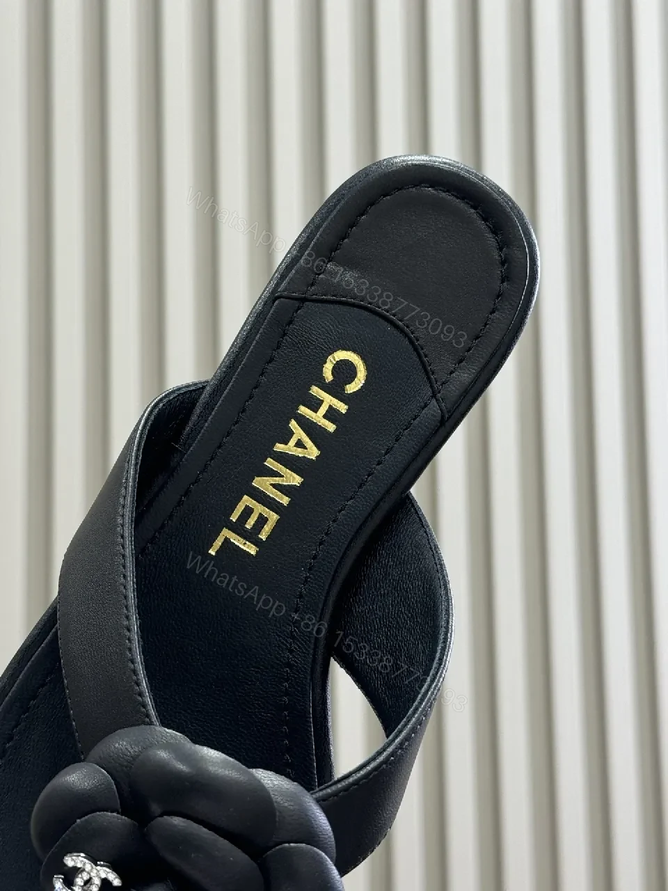 View 5 of Black Flower-Detail Sandals, Matte Leather, Square-Toe, Cushioned Footbed, Slide Product