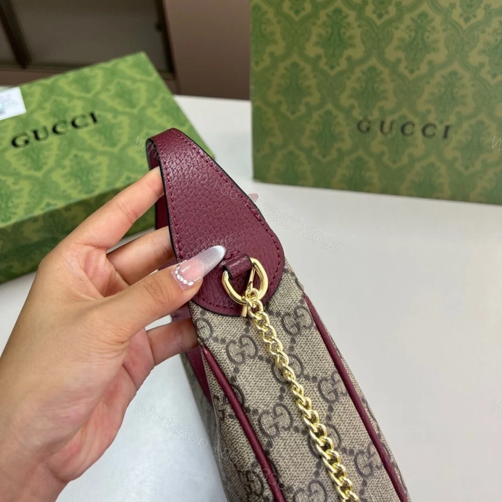 View 4 of Gucci Ophidia Small Shoulder Bag Beige And Dark Red GG Fabric 22Cm ‎838463 FAE0P 9789