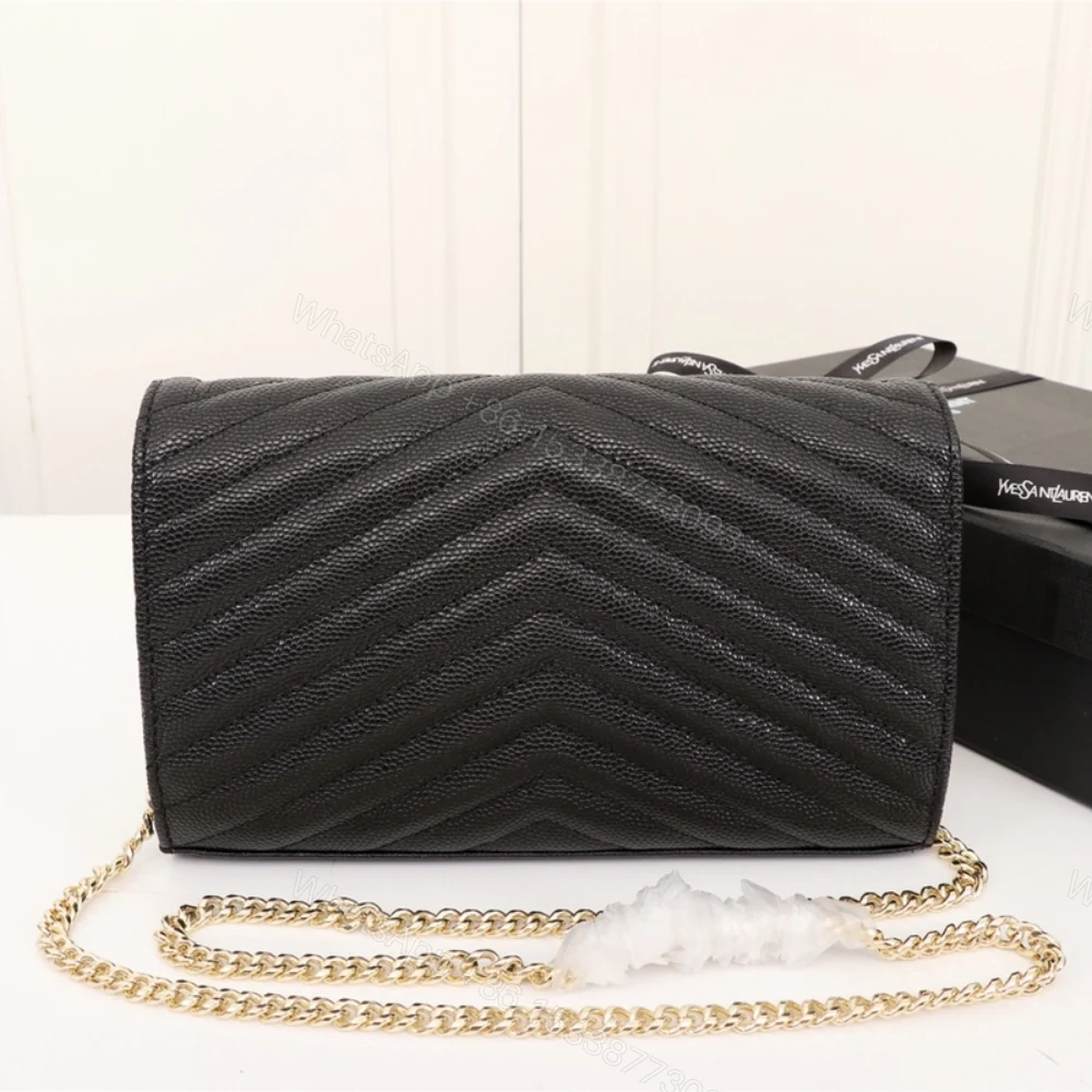 View 4 of Saint Laurent Cassandre Matelassé Chain Wallet In Grain De Poudre Embossed Black Gold 22Cm