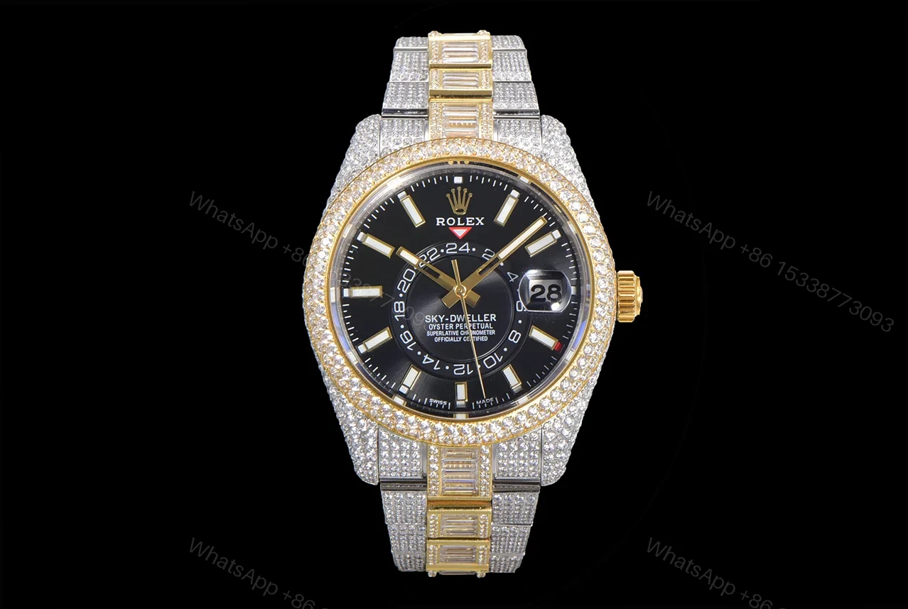 Rolex Sky-Dweller Full Diamond Replica 42MM Exclusive Black Dial Two-Tone Bracelet RG-ROLEX-SKYDWELLER-DIAMOND-42 — view 1