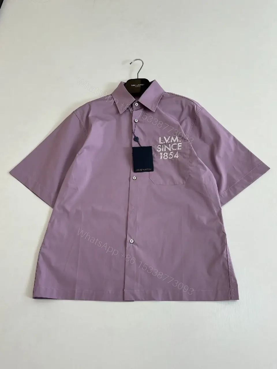 View 5 of Lavender Cotton-Blend Short-Sleeve Shirt with Logo