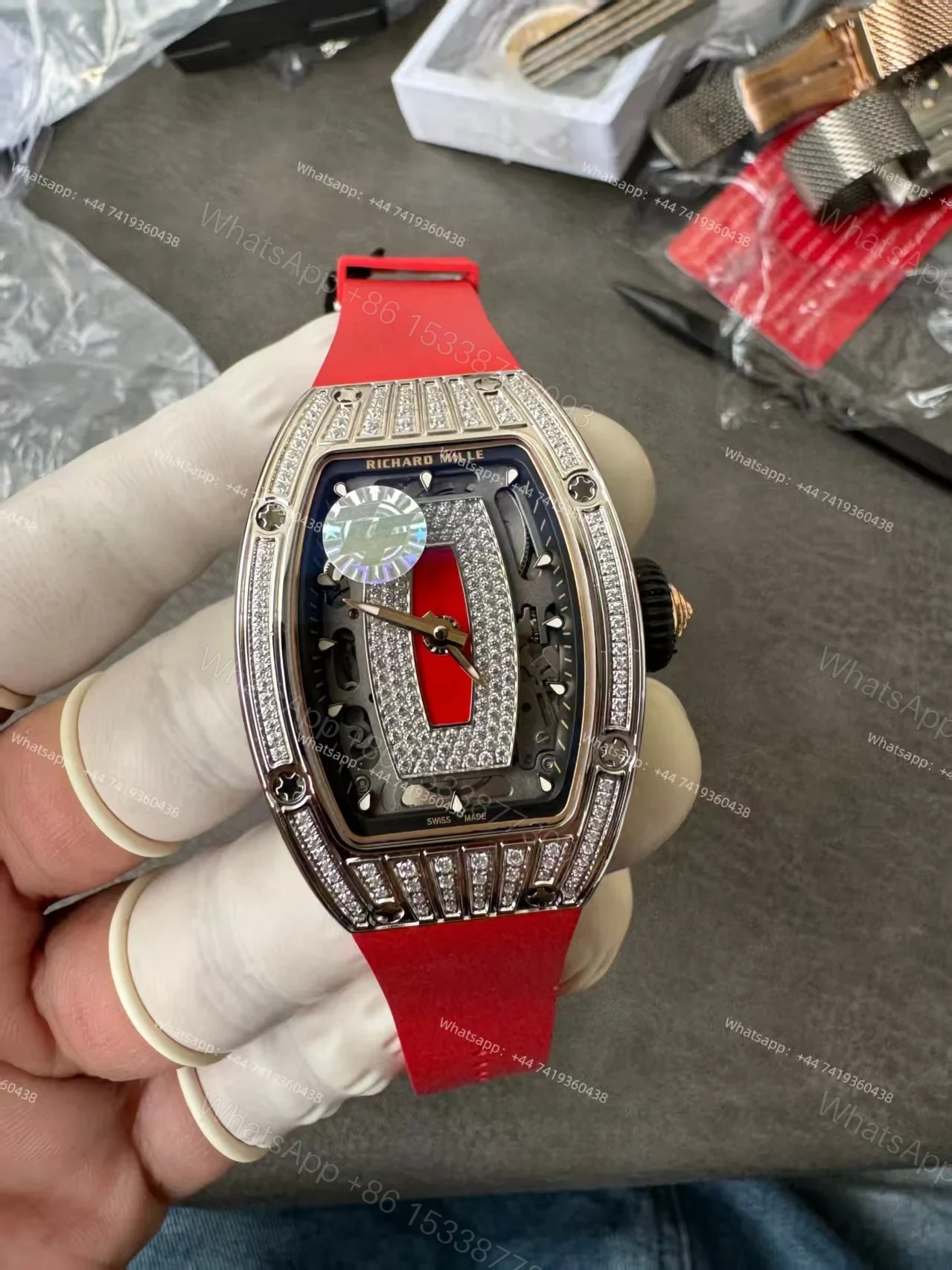 View 4 of Super Clone Richard Mille RM 07 Full Diamond 1:1 Replica Watch with Red Rubber Strap