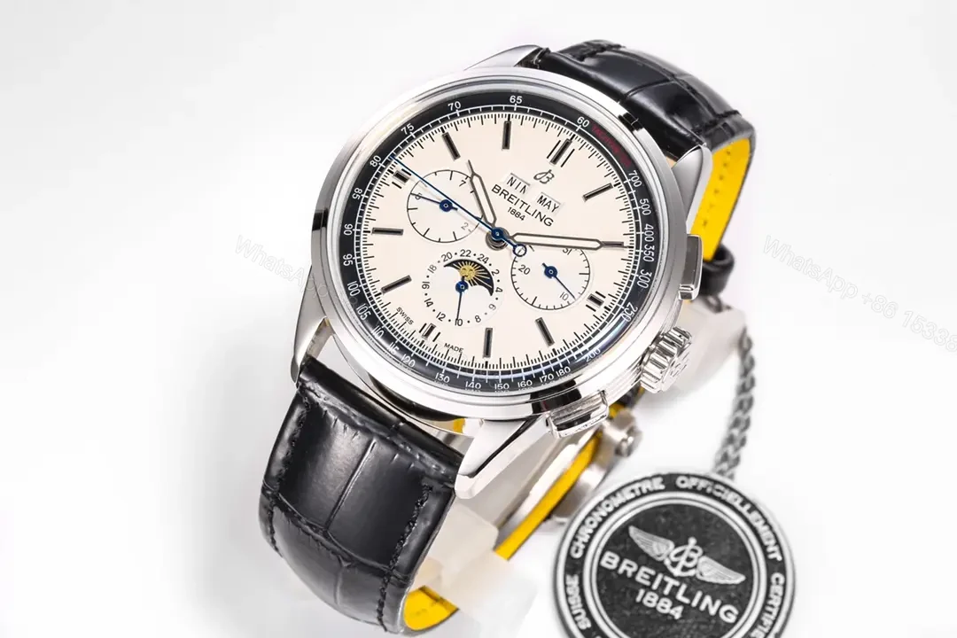 View 2 of V9 Factory Breitling Premier Series White Dial Black Leather Strap Chronograph Watch