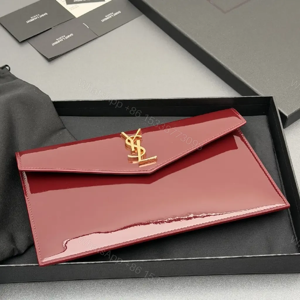 View 7 of Magenta Patent Envelope Clutch with Gold Monogram - Luxe Style