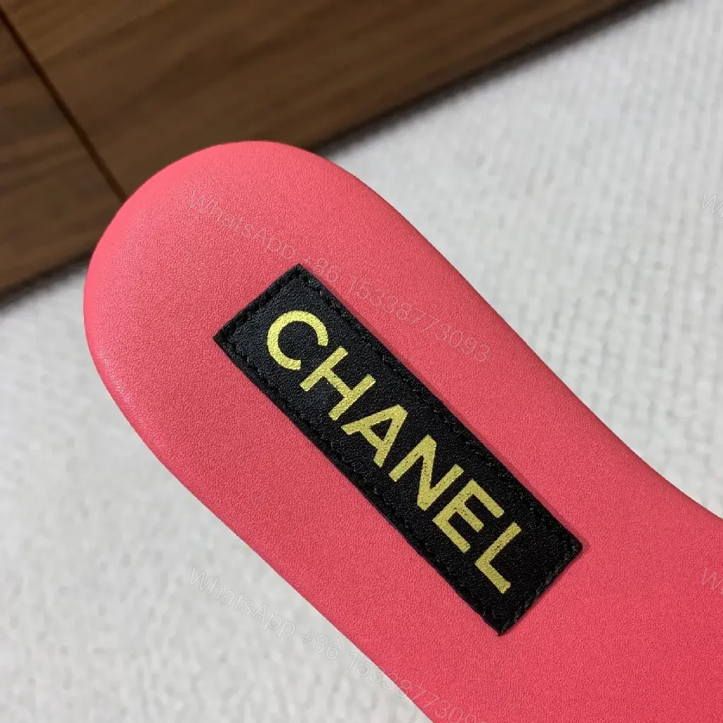 View 6 of Pink Leather Slide Sandals Gold Chanel Logo Slipper Style Bow Accent Sandal