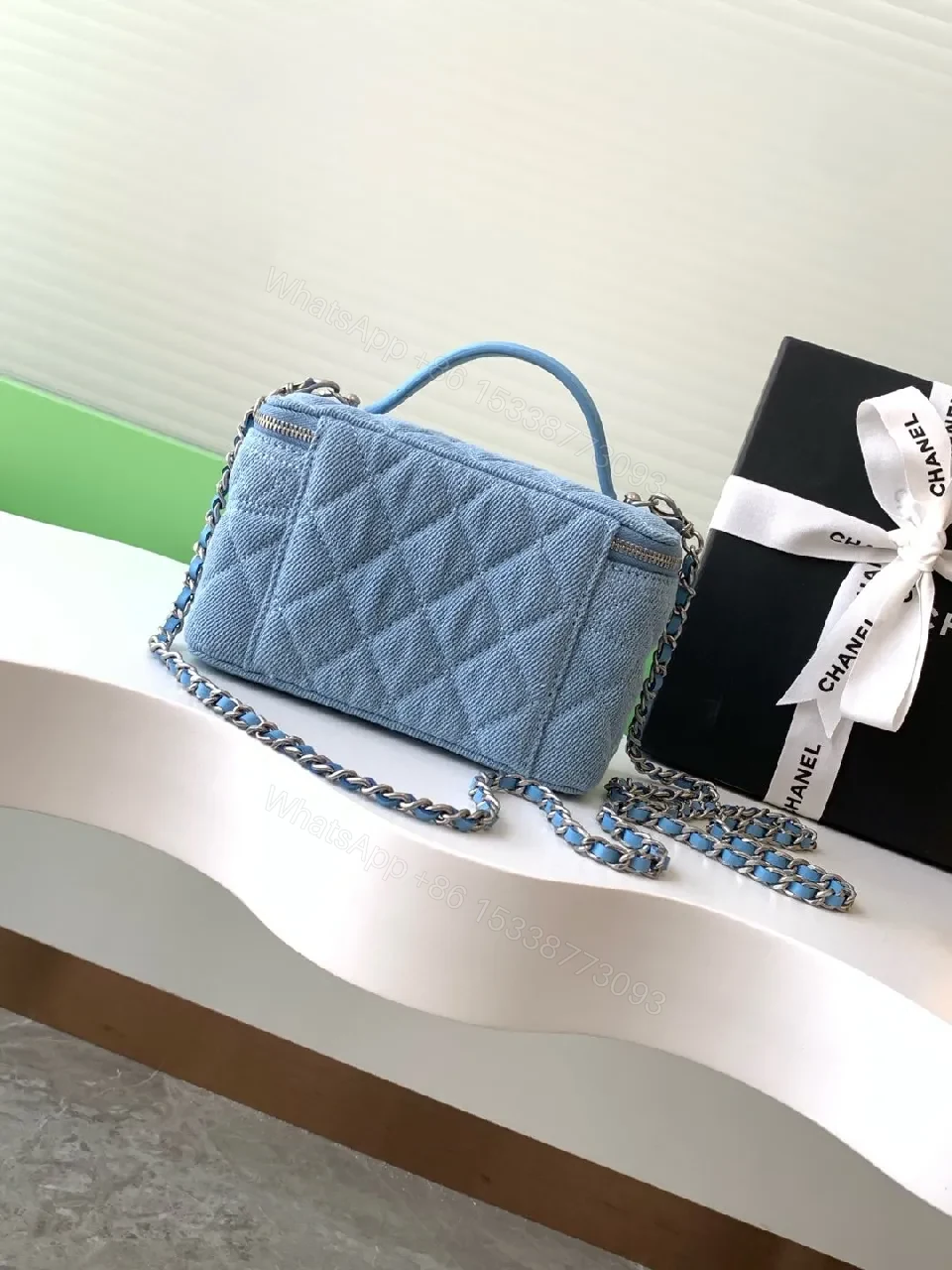 View 9 of Denim Mini Bag: Quilted Charm, Silver Hardware, Chain Strap