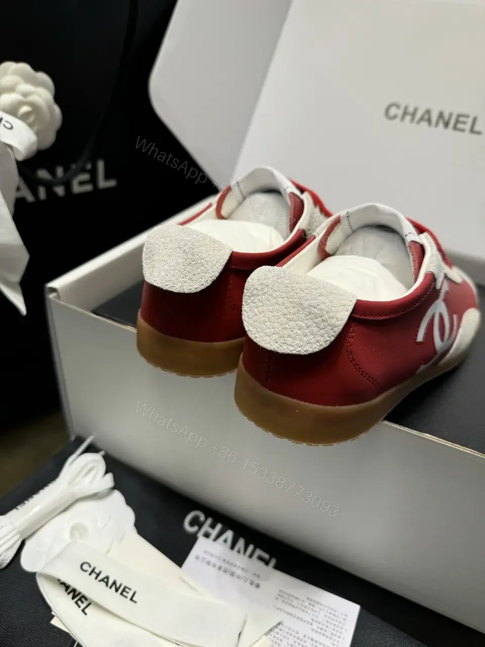 View 3 of Bold Red & White Chanel-Inspired Sneaker Couture (Luxury Low-Top)