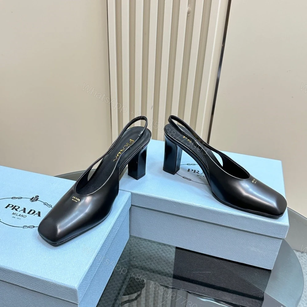 View 5 of 高仿Prada*1I838M方頭粗踭露跟鞋8.5CM小牛皮黑色免檢版