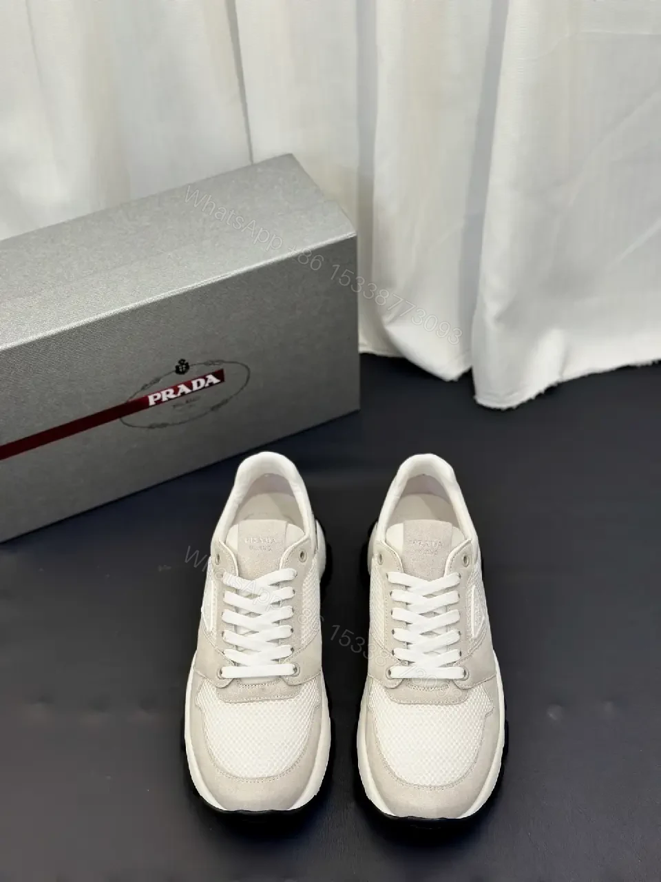 View 3 of Beige Leather Mesh Runner Sneaker with Black Accent, Prada Style
