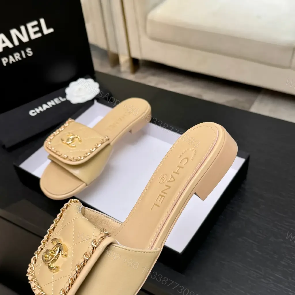 View 2 of Beige Quilted Leather Slide with Gold Crest, Luxe Casual